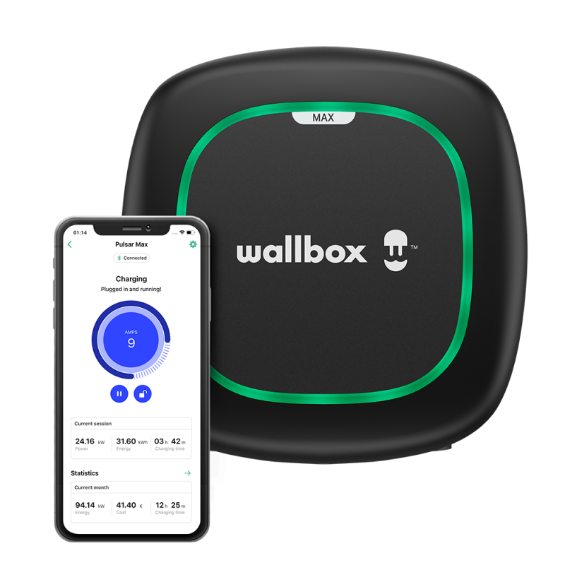 Wallbox Pulsar Max next to a phone showing the charging control app.