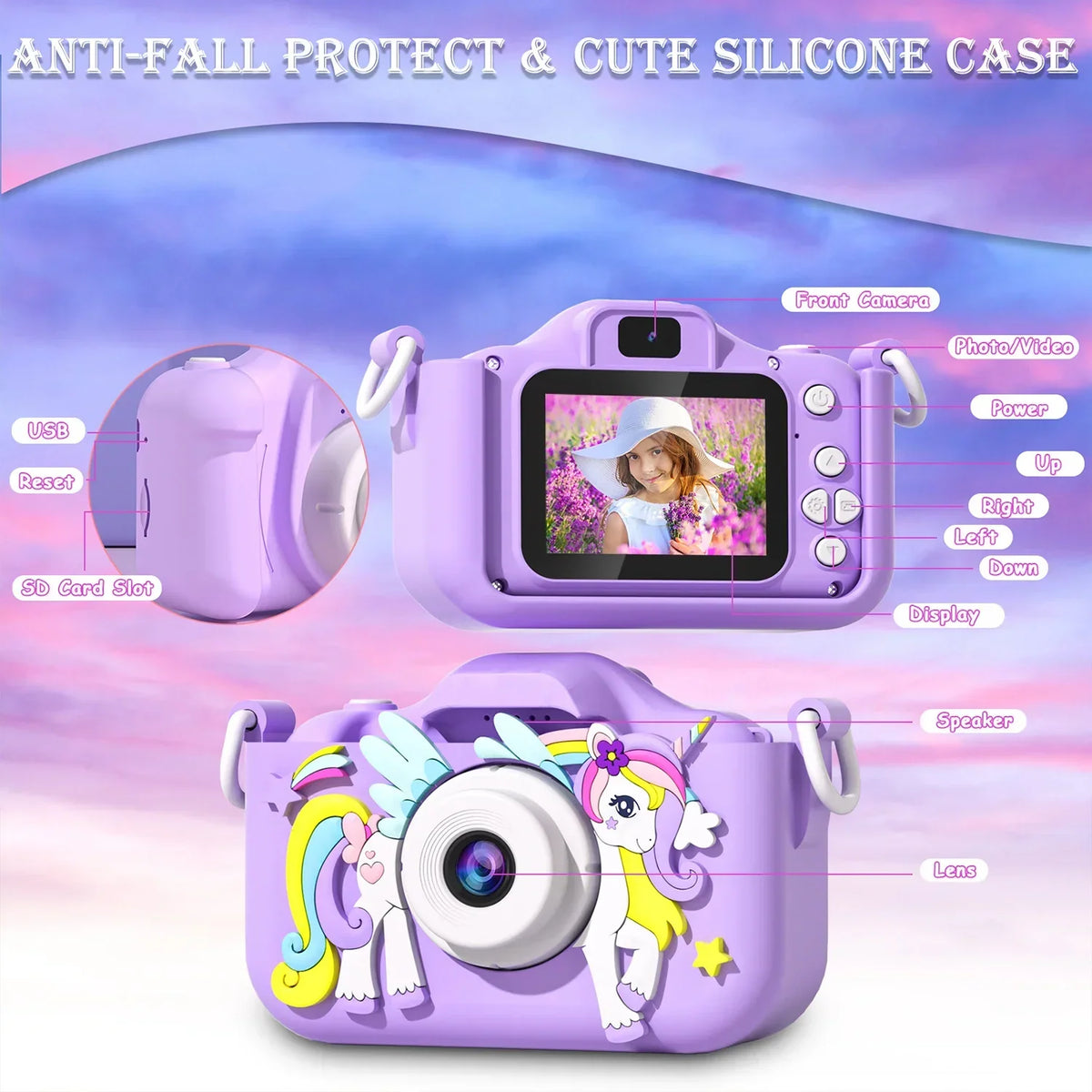 Mini-appareil photo pour enfants licorne, Full HD 1080p et écran de 2 pouces