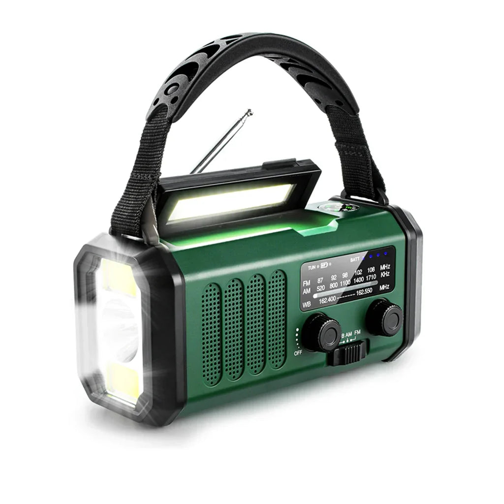 Green 10,000 mAh solar hand-crank emergency radio