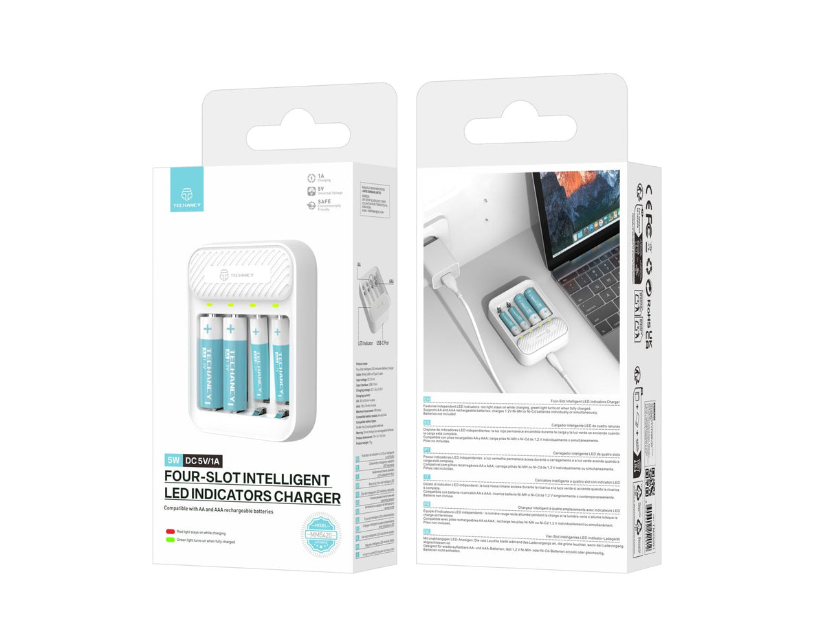 Chargeur de piles Techancy MM5420 à 4 emplacements AA/AAA Ni-MH de 1,2 V avec LED, blanc
