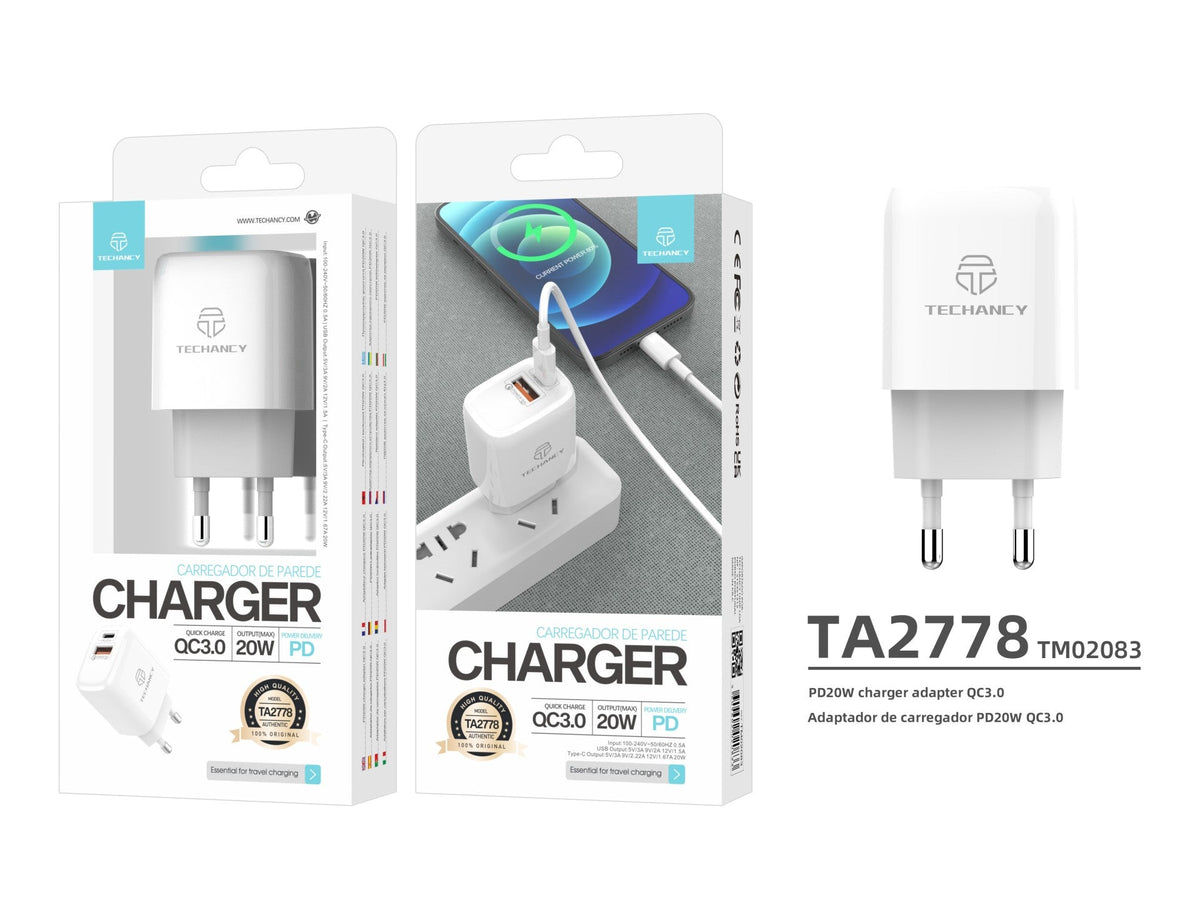 Chargeur blanc Techancy TA2801 de 20 W à charge rapide PD et QC 3.0