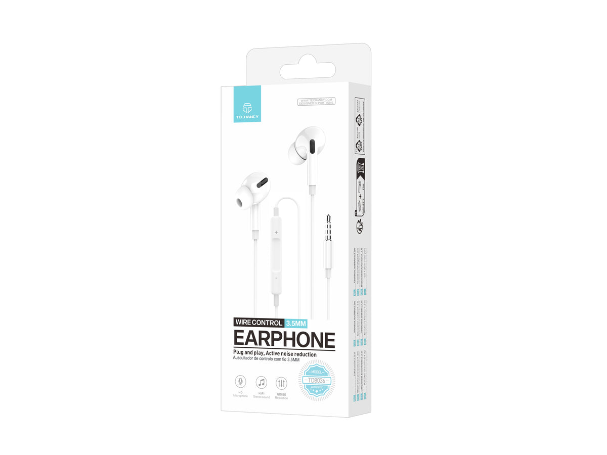 Écouteurs filaires Techancy TD8036 de 3,5 mm avec microphone, blancs