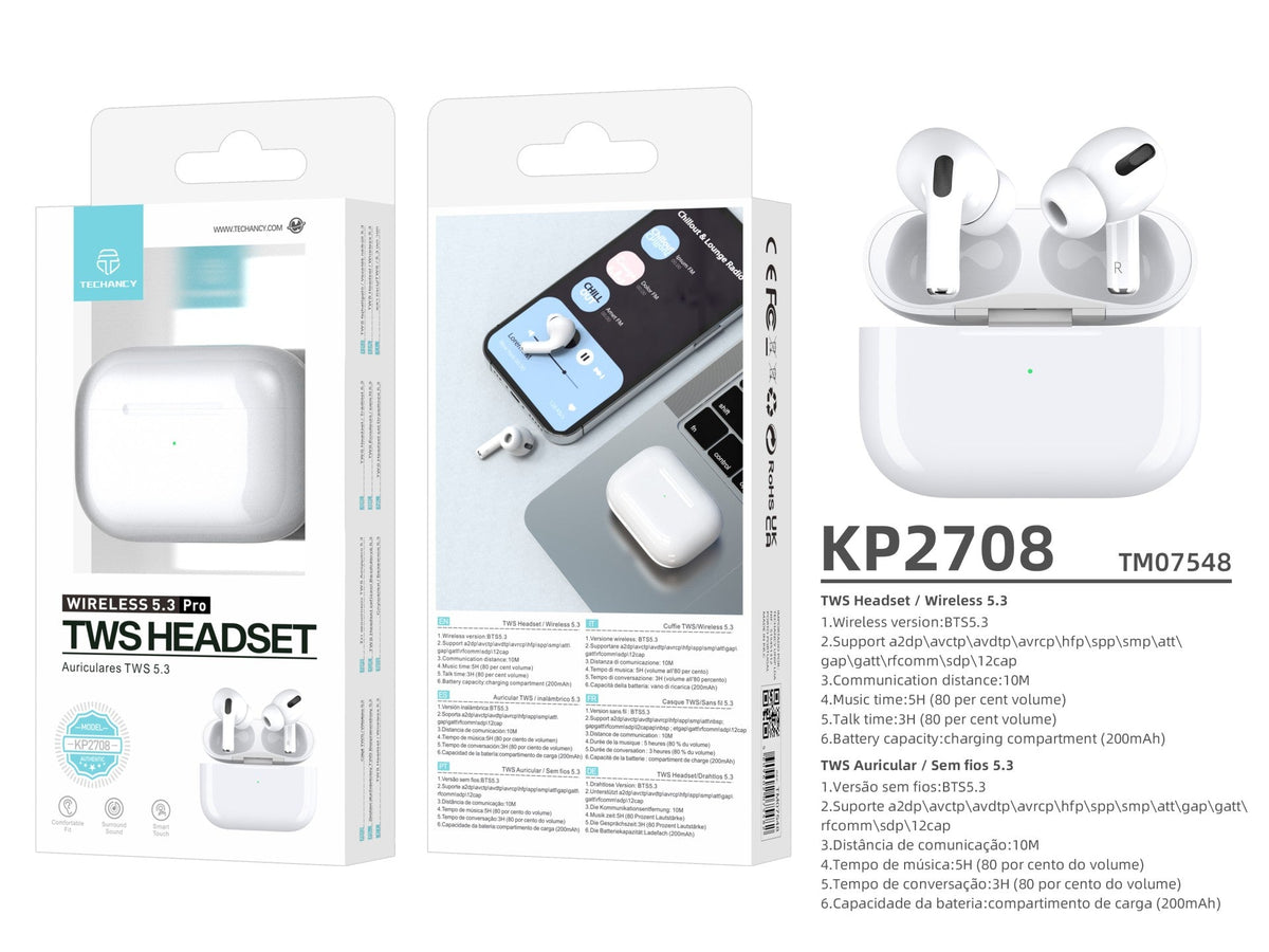 Écouteurs Techancy TWS KP2708 Bluetooth 5.3 blancs, jusqu'à 5 h de lecture