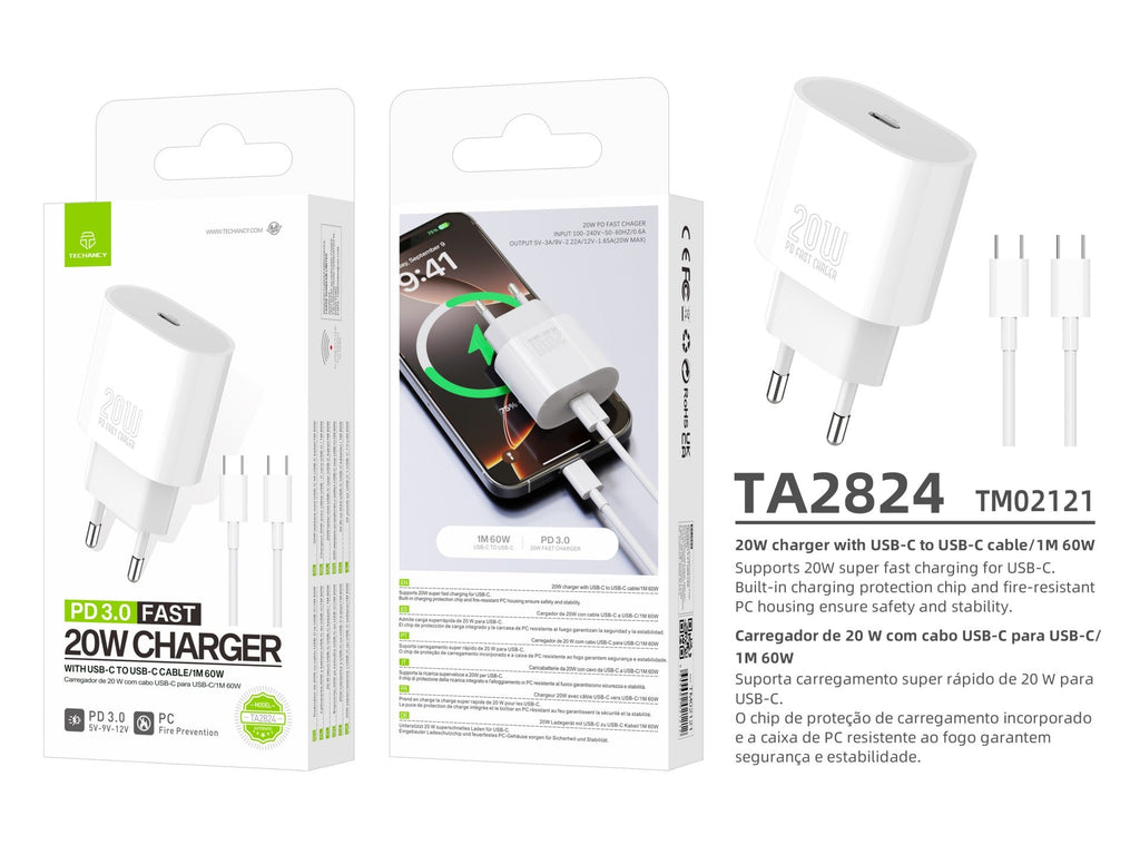 Techancy TA2824 USB-C-Ladegerät PD 3.0 mit 20 W und USB-C-Kabel