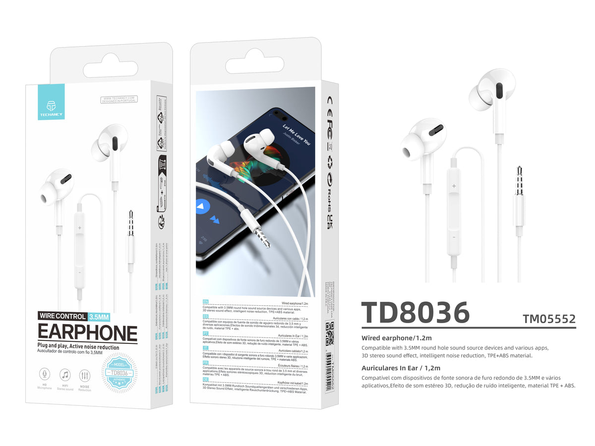 Écouteurs filaires Techancy TD8036 de 3,5 mm avec microphone, blancs